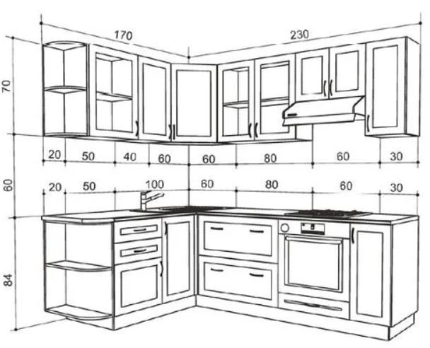 Chiều cao tiêu chuẩn của tủ bếp chữ L