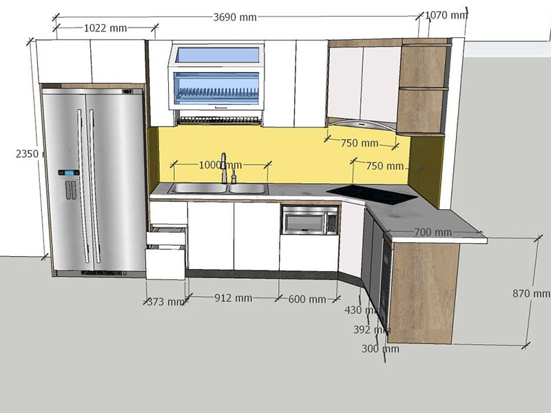 Kích thước phòng thủy cho tủ bếp chữ L
