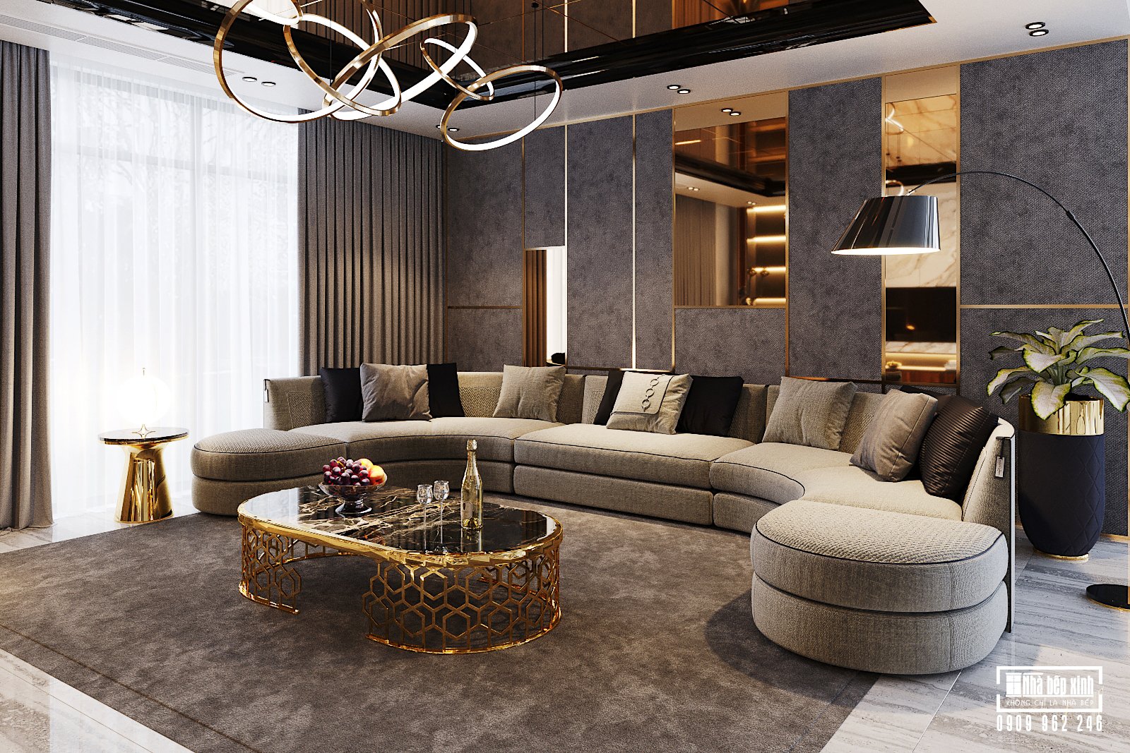 Nội thất được thiết kế tinh tế với một bộ sofa lớn uốn lượn theo hình dáng của không gian (nguồn tham khảo)