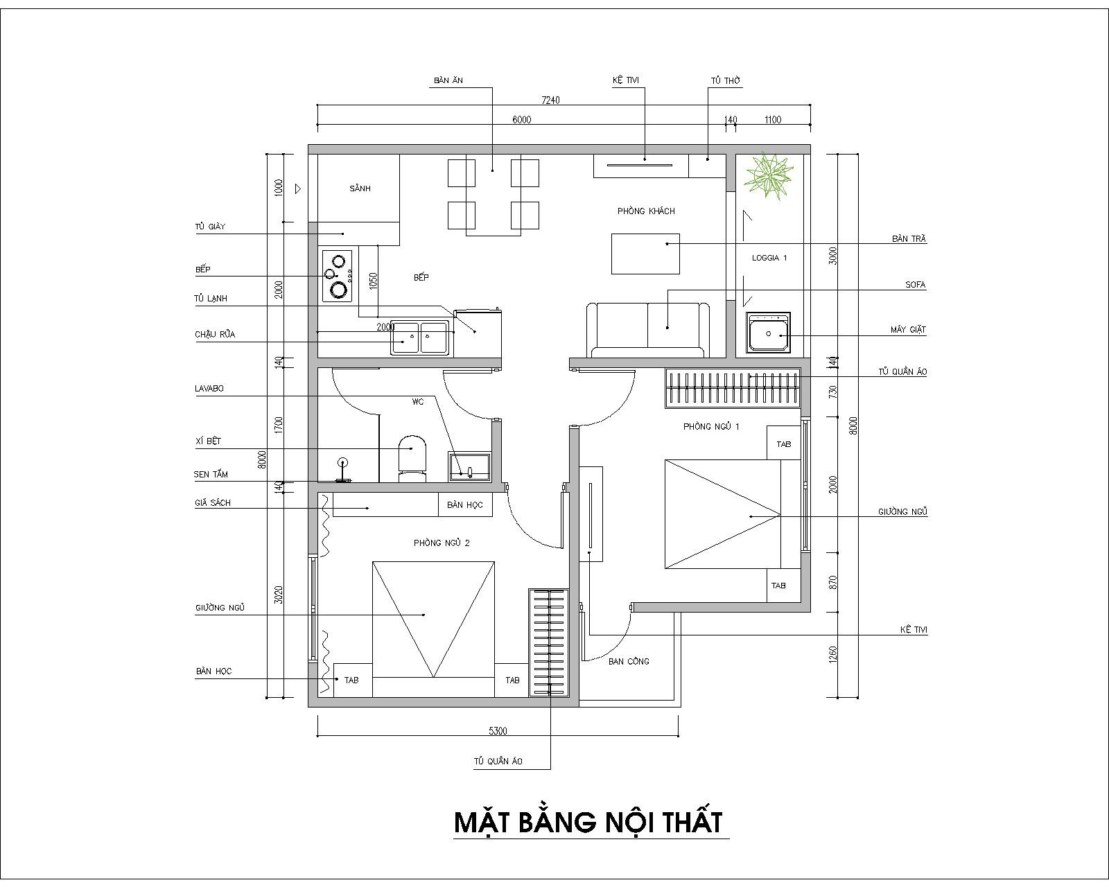 Bản vẽ thiết kế nội thất căn hộ chung cư 2 ngủ 