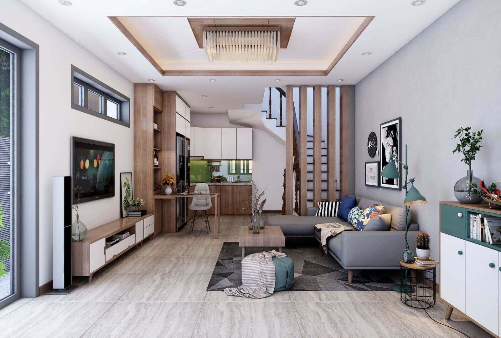 Bộ sofa êm ái, cùng với chiếc thảm trải sàn họa tiết 