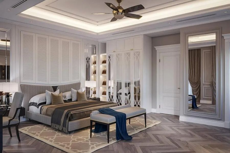 Phòng ngủ kiểu Art Deco với nhiều đồ nội thât chất liệu cao cấp